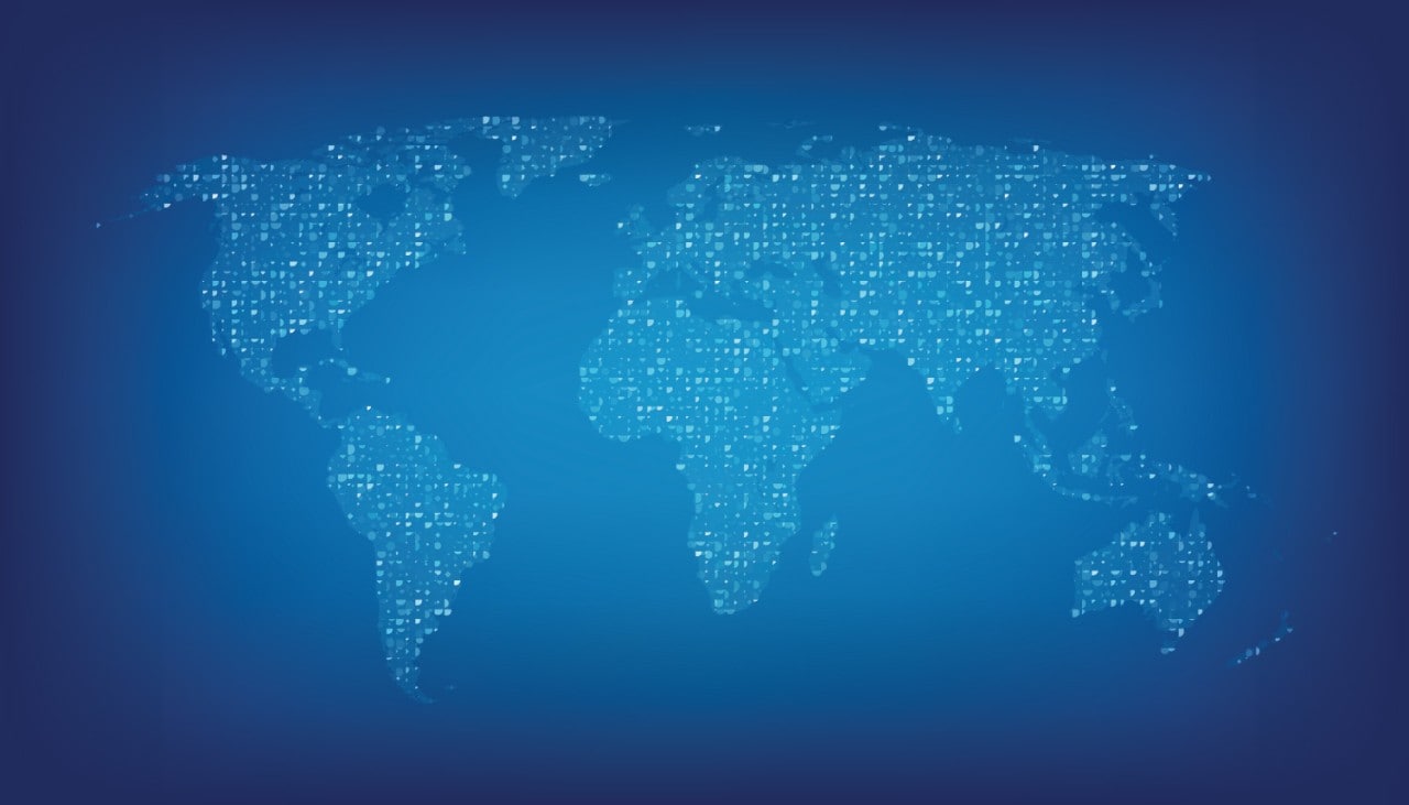 World map formed by glowing sparkles -- blue abstraction background 