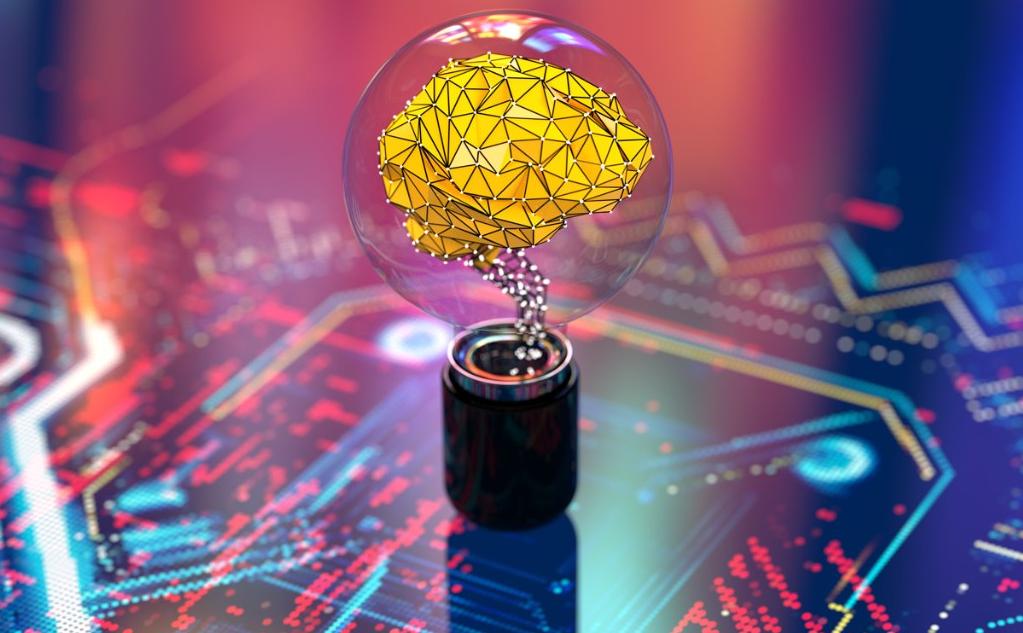 Picture of lightbulb with illustration of a tech-looking brain inside