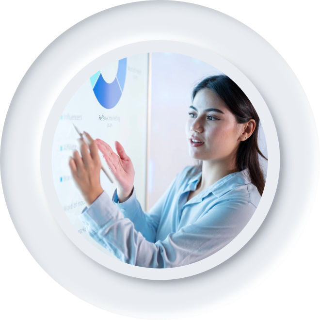 Woman pointing at data on screen