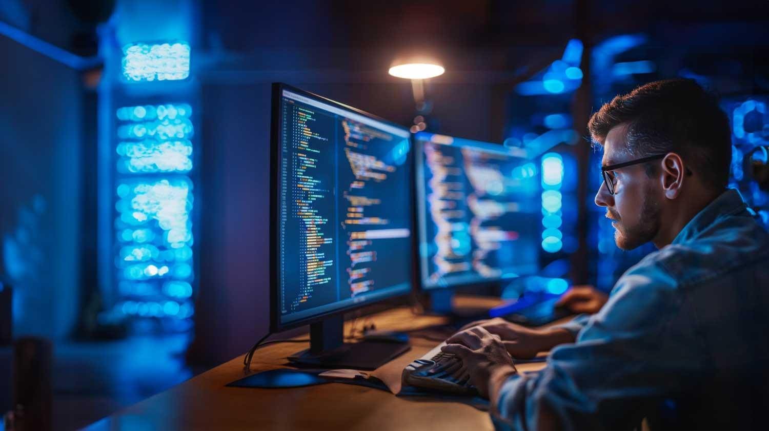 Male programmer working on computer using two monitors