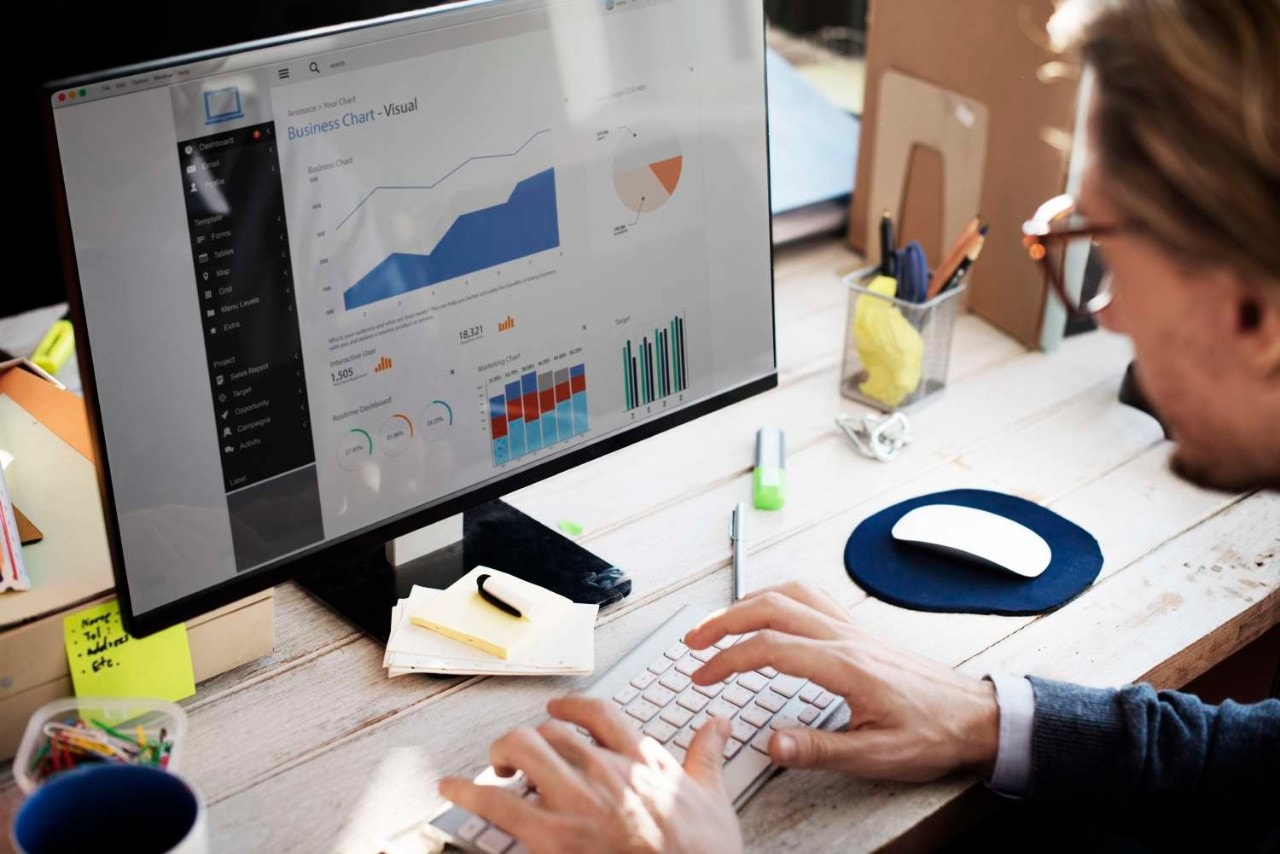 man looking at charts on computer