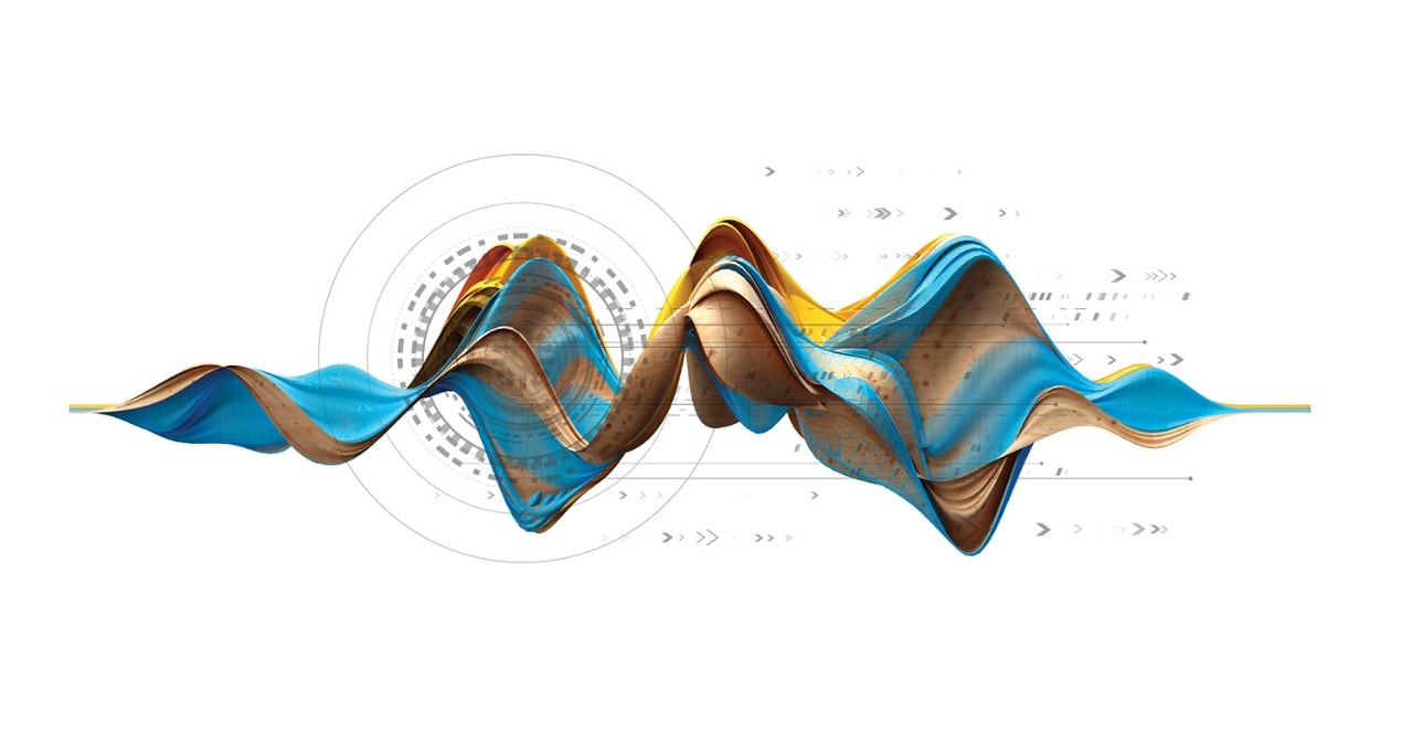 Blue and yellow wave with circles and arrows overlay