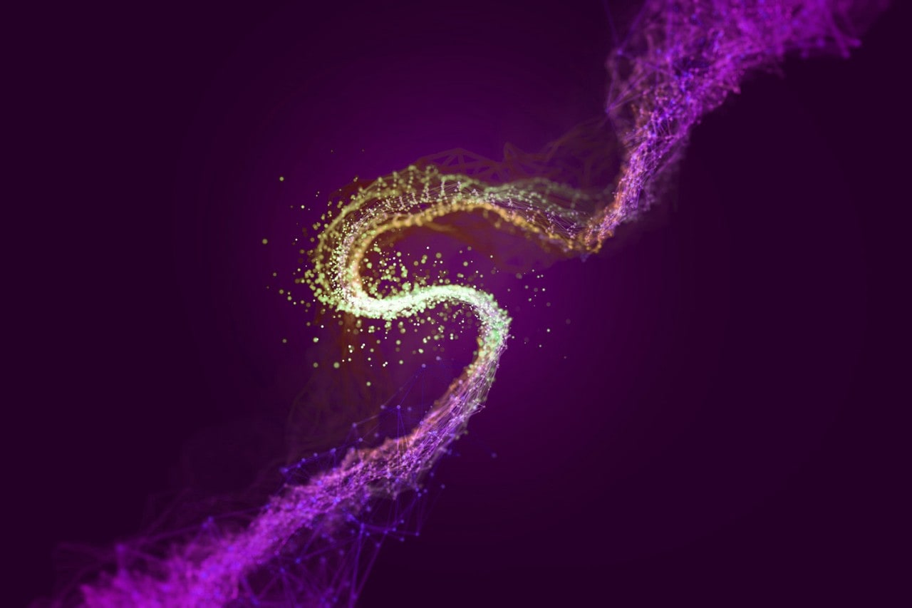Abstract gold network graphic on purple background