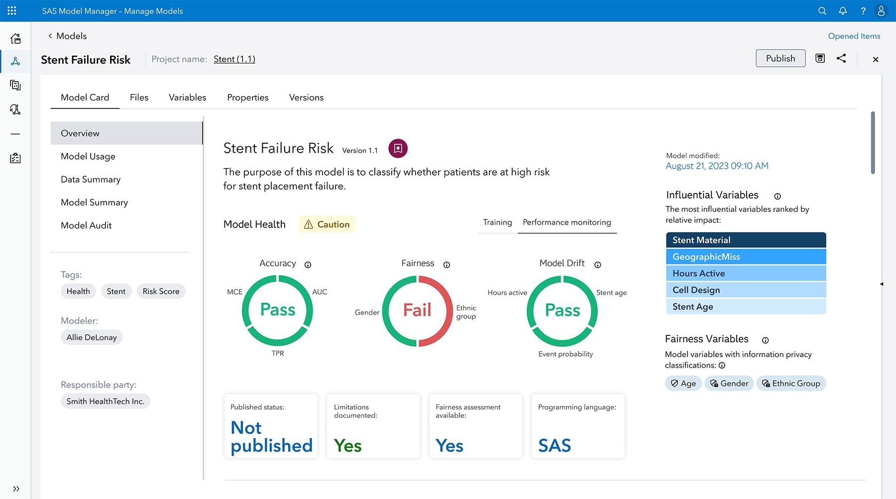 Example of a SAS model card, a well-curated view on model health, reliability and performance. This view offers a “Pass/Fail” evaluation of the model’s health in terms of its status against selected metrics, as well as visual content about the most impactful variables and the sensitive or private nature of some of those variables