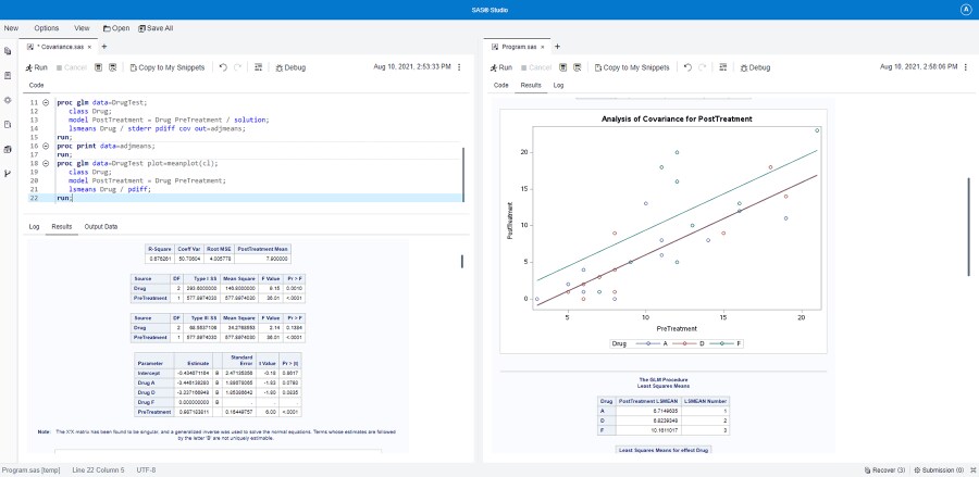 SAS Analytics Pro mostrando código estadístico (GLM) en el monitor del escritorio