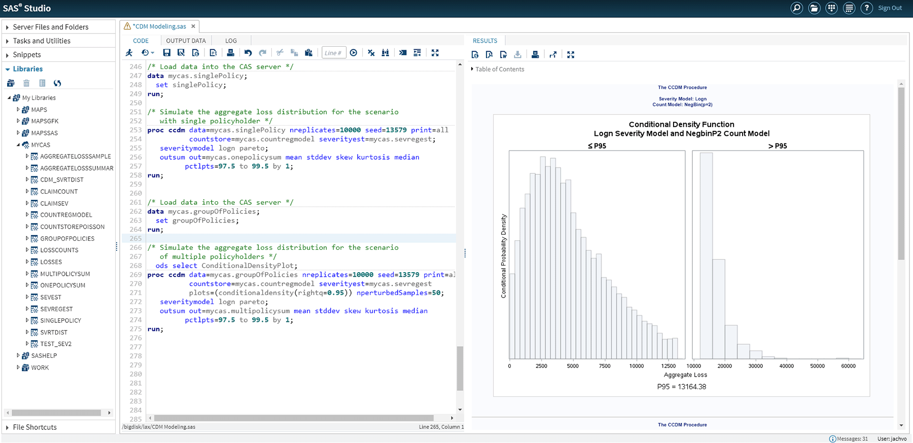 Screenshot of SAS Econometrics showing aggregate loss modeling