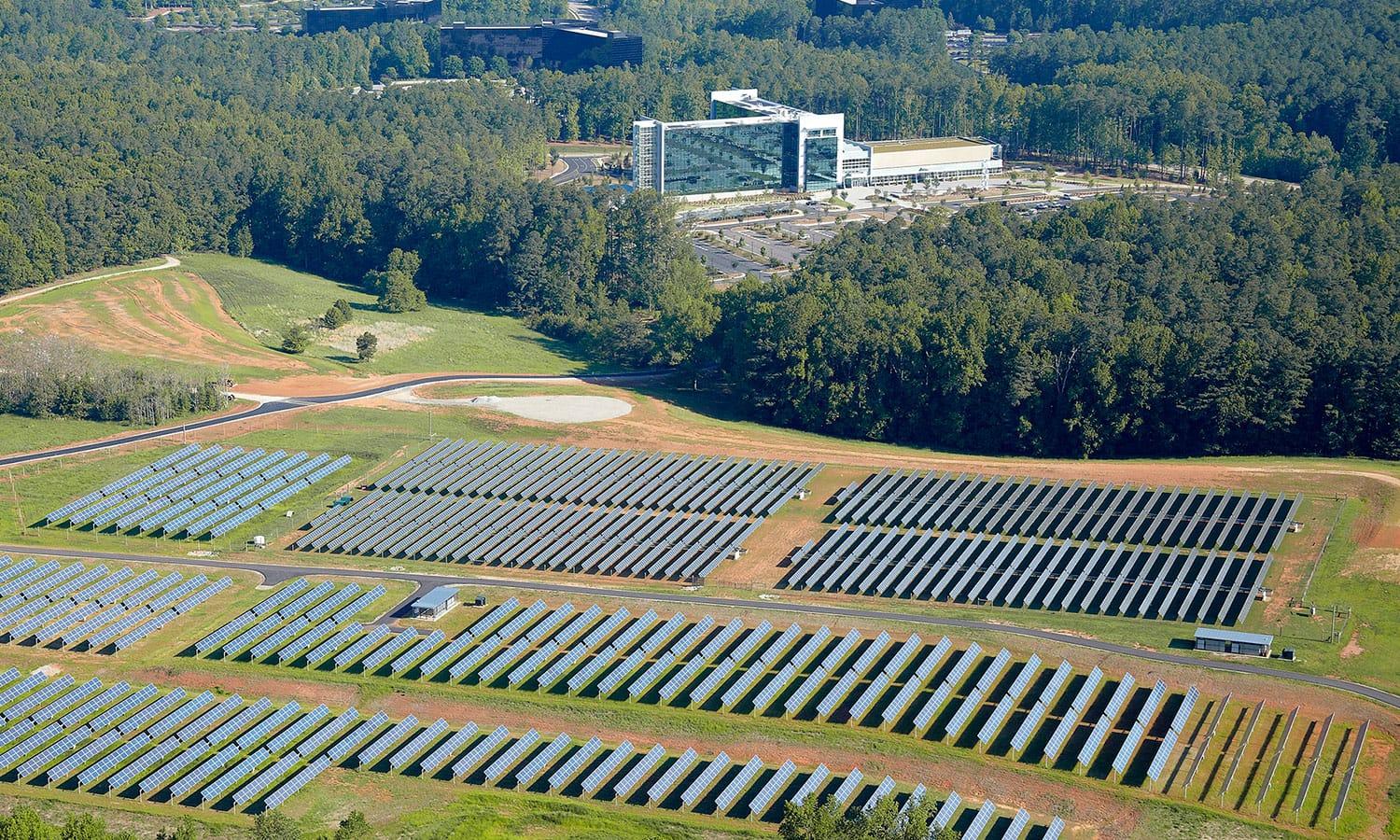 Aerial view of SAS solar farm at company headquarters